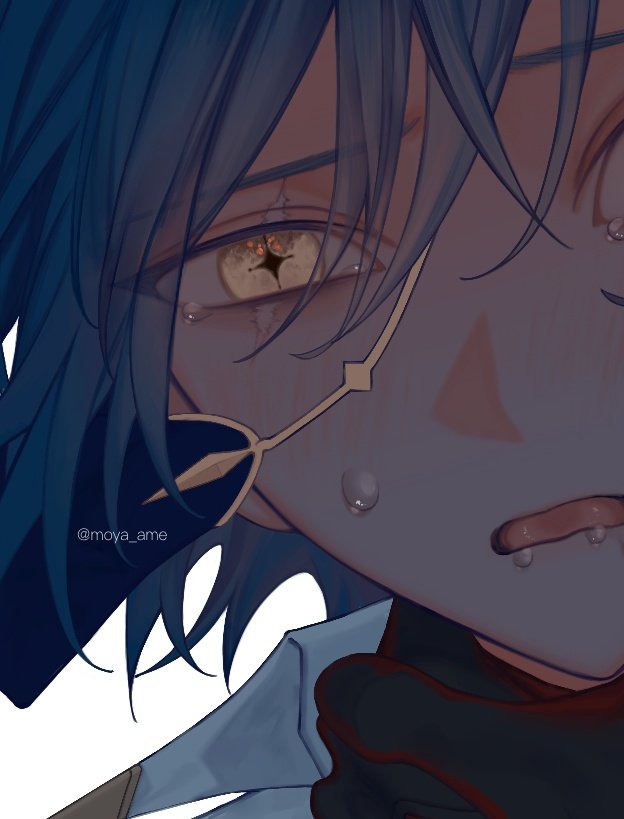 male focus solo blue hair 1boy short hair tears yellow eyes  illustration images