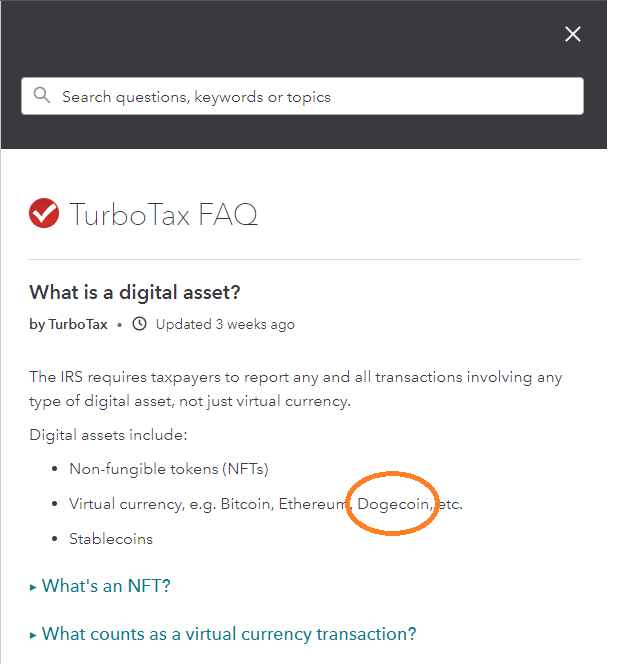 diehearter08's tweet photo. Turbo Tax has $Doge as number three in their Digital Asset category! Congratulation to the #Dogecoin community! This makes me happy!😁 https://t.co/LqAd70MC85