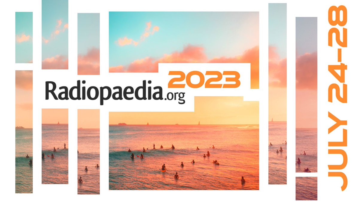 It is time we officially launched #Radiopaedia2023 July 24-28 we think! 🏄 bit.ly/radiopaedia2023 5 days of virtual radiology bliss from global experts. Round-the-clock livestreams, case workshops and rPoster sessions. Here’s a thread showing you the daily line-up…