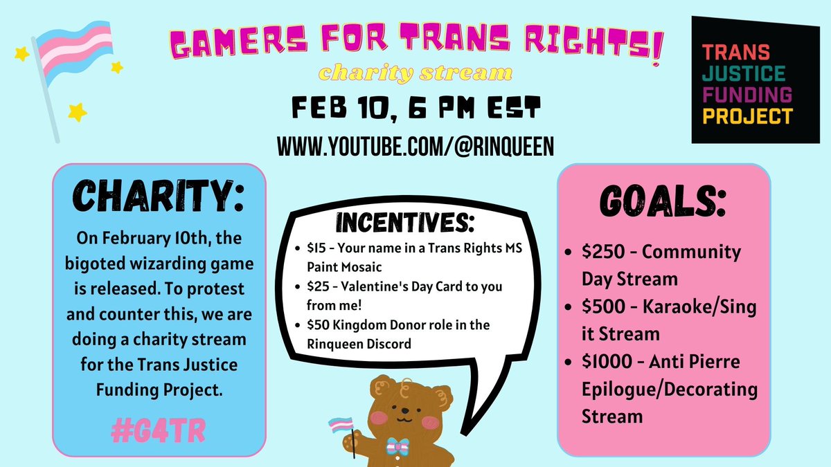 rinqueen6's tweet photo. I'M GONNA STREAM ON FEB 10TH 6PM EST TO JOIN THE SUPPORT FOR TRANS RIGHTS!!! Come join me to have a whole load of fun and raise money for a great cause!!! @TransJusticeFP #G4TR https://t.co/2knWDMh0uX