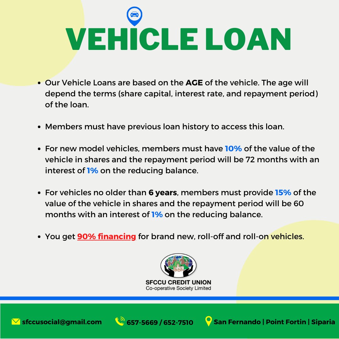 Learn more about our Vehicle Loan offer below.
Inbox us for further details or call us 657-5669 /652-7510
Website | sfccu.com

#vehicle #vehicleloans #carloan #sfccu #Trinidad #southernhospitality #creditunion #dreamcar