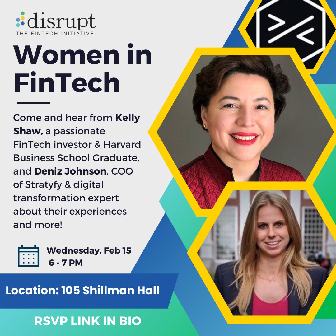 Join Disrupt for our Women in FinTech chat with Deniz Johnson and Kelly Shaw, two experienced women in the FinTech industry! Don’t miss this opportunity for connections, advice, and insights!

RSVP using the link in our bio!
⏰: Mon. 15th Feb, 6pm-7pm
📍: 105 Shillman Hall