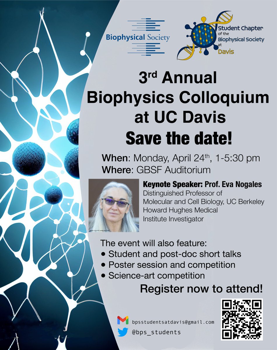 bps_students's tweet photo. Exciting news! Registration is now open for the 3rd Annual Biophysics Colloquium at UC Davis on April 24th. Don't miss out on keynote lecture by Prof. Eva Nogales and amazing prizes for presenters! #Biophysics #UCDavis @UCD_BPH @BiophysicalSoc @MCIPUCD https://t.co/i1bCeiPNBd