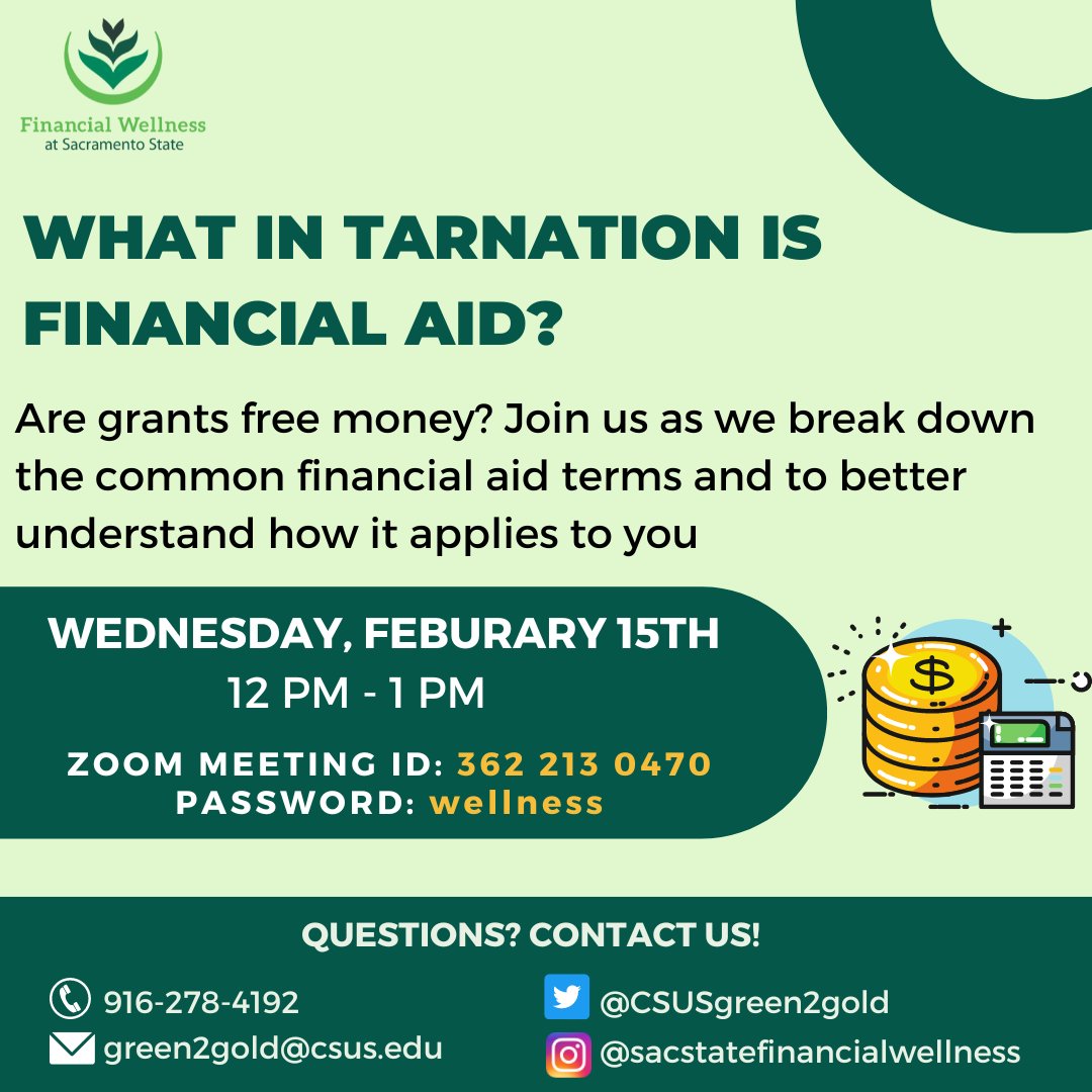 Join us next Wednesday to learn more about financial aid and be prepared to pay back those loans!

#sacstate #financialwellness #hornets #herky #stingersup #financialaid #loans #grants #scholarships #greenandgold #sacramentostate