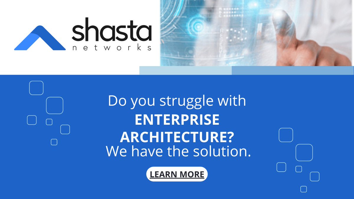 ShastaNetworks's tweet photo. Shasta Networks is proud to announce our new #EnterpriseArchitecture Services! 

Our team of experts provides you with the critical data needed to make informed decisions that save money.

Connect with us at https://t.co/HaCsQei6Vi to learn more!

#HeathIT #HealthCareInnovations https://t.co/TCF9N4XATy