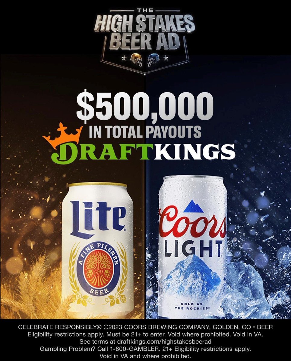 MolsonCoors's tweet photo. It's your shot to win a share of $500,000 in total payouts in the first ad you can play on @DraftKings! Make your free picks by 2.12.23

https://t.co/sZQJMweZRP https://t.co/kuX2UIZnCf