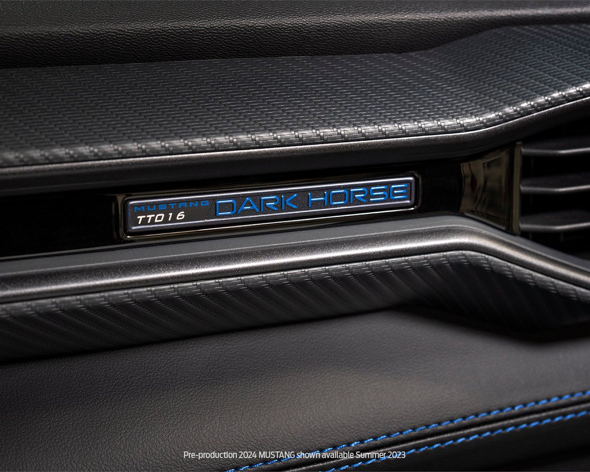 FordMustang's tweet photo. The 2024 Mustang® Dark Horse™ sports car with heart-racing design:

✅ Anodized blue titanium manual shift knob 
✅ Flat-bottomed steering wheel in performance suede
✅ Bright Indigo Blue across instrument and door panels

Maybe it should come standard with a built-in EKG? 🐎 https://t.co/54k3TQDaBg