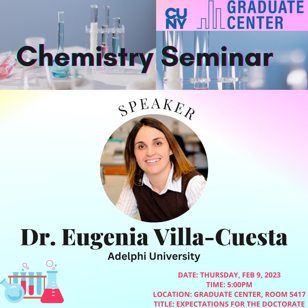 CHEMISTRY SEMINAR

DATE: February 9th, 2023

TIME: 5 pm

LOCATION: Graduate Center, Room 5417

*Title: Let’s talk about the long road of a doctorate*

#chemistry #phd #seminar #cuny #nyc #newyork #newyorkcity  #chemistryphd #cityuniversityofnewyork #graduatecenter