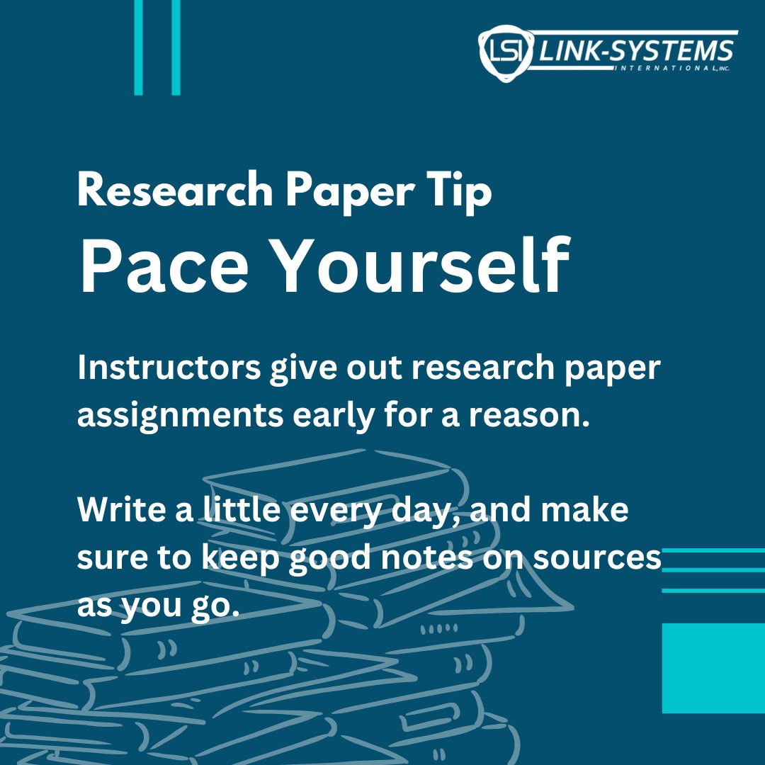Don’t wait until the week or night before a paper is due to start. Remember to pace yourself, take breaks, and prioritize self-care. A well-rested mind produces better work. #StudentSuccess #WritingTips #ResearchPapers #LinkSystemsInternational #OnlineLearning