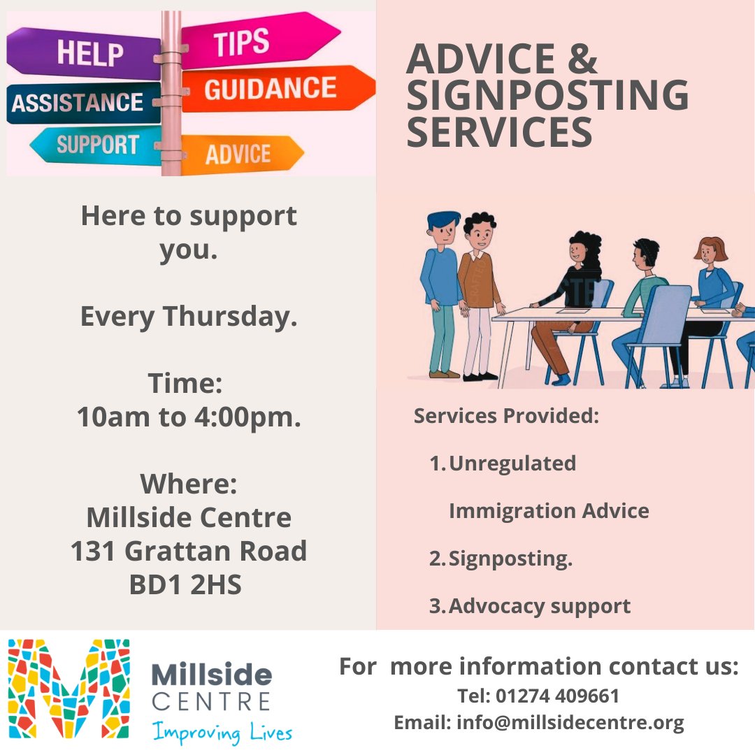 The Millside Centre (@millside_centre) on Twitter photo Are you looking for support with advice and sign posting? Come down to the Millside Centre as of this Thursday from 10am to 4pm. To refer or make an appointment please call 01274409661 or email info@millsidecentre.org Are you looking for support with advice and sign posting? Come down to the Millside Centre as of this Thursday from 10am to 4pm. To refer or make an appointment please call 01274409661 or email info@millsidecentre.org