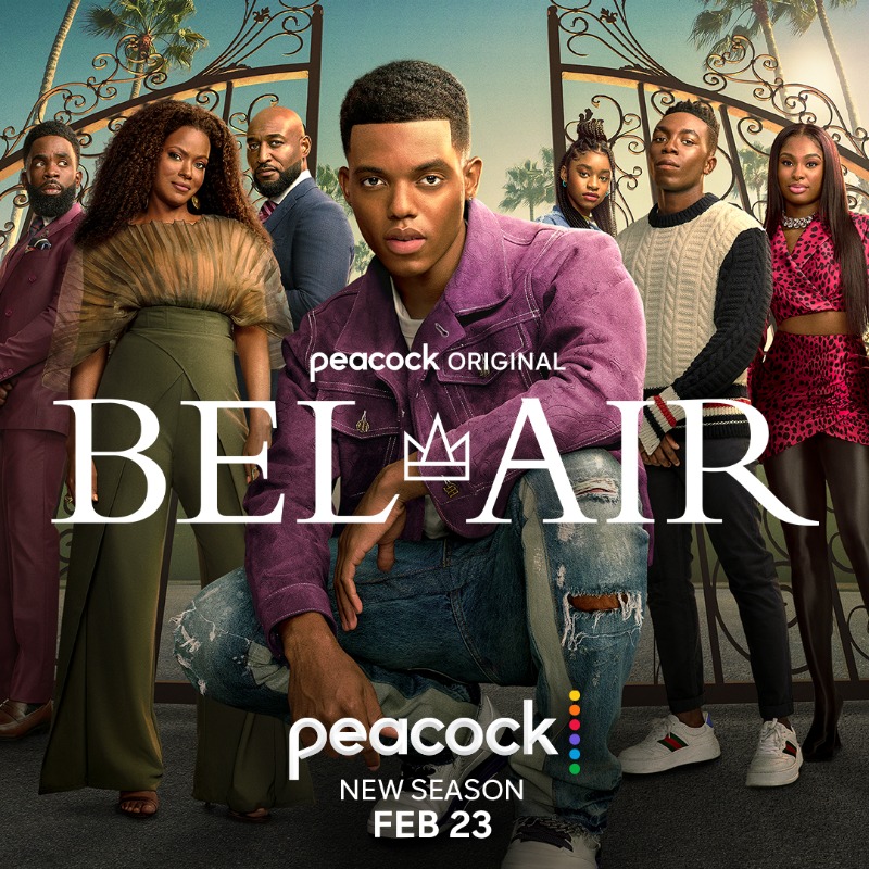 peacock's tweet photo. Bel-Air is back for a new season Feb 23. Are you ready? Binge Season 1 now, only on Peacock.