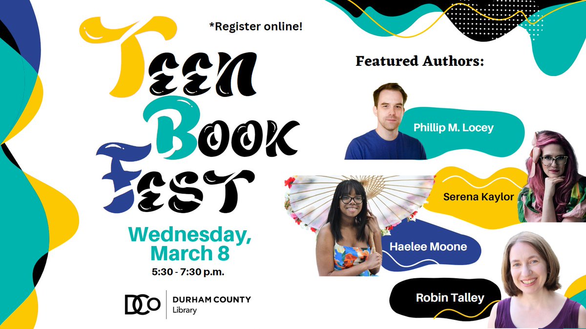 Durham County Library (@durhamcountylib) on Twitter photo Join us Wed, March 8 for our 8th Annual #TeenBookFest! We have a panel discussion & author workshop, featuring incredible YA authors. This year's featured authors are Serena Kaylor, Phillip M. Locey, Haelee Moone, & Robin Talley. Registration is required. durhamcountylibrary.libcal.com/event/9696230 Join us Wed, March 8 for our 8th Annual #TeenBookFest! We have a panel discussion & author workshop, featuring incredible YA authors. This year's featured authors are Serena Kaylor, Phillip M. Locey, Haelee Moone, & Robin Talley. Registration is required. durhamcountylibrary.libcal.com/event/9696230
