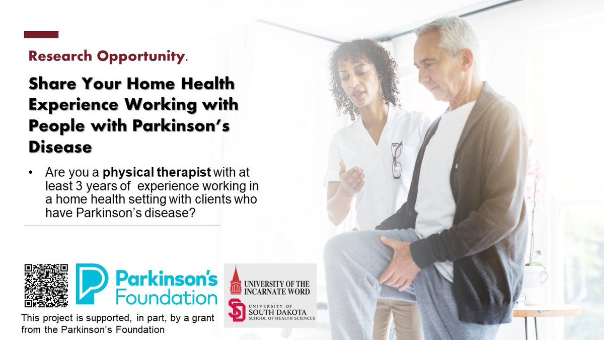 Cool new #HomePT study being conducted by my colleagues at University of South Dakota funded by @ParkinsonDotOrg If you are a home care PT (cc: @APTAHomeHealth) and treat patients living with Parkinson disease they are looking for you!