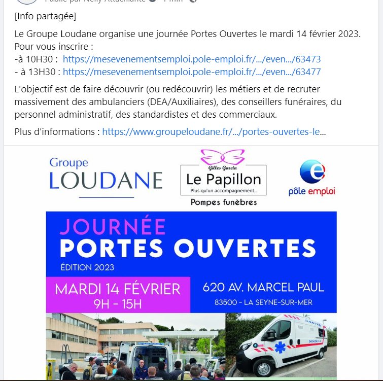 MarieJosePEREZ5's tweet photo. Venez découvrir les #metiers du #transport sanitaire le 14 février dans les locaux du groupe #loudane
➡️ De nombreux postes à pourvoir 
➡️ Des solutions formation à étudier avec un conseiller @pole_emploi #laseynesurmer 
@pole_emploi #Var 
#partenariat
#ExpertiseAvenir 
#loudane https://t.co/17HO9ElfM7