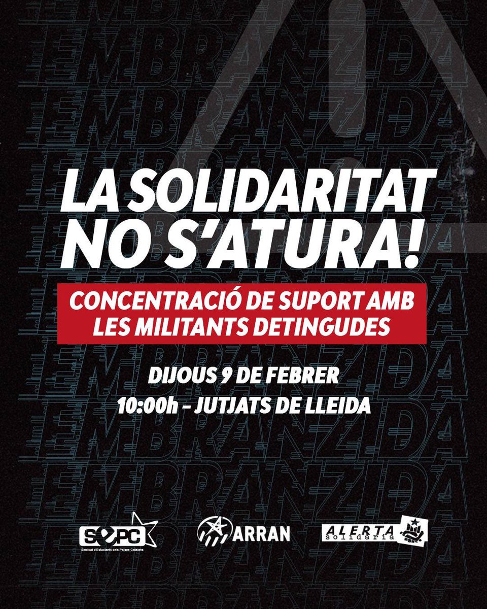 ➡️ Les nostres companyes passaran la nit a la Comissaria Provincial. Avui més convençudes que mai que el camí és i serà sempre la lluita i l'organització. 
La repressió no ens atura!

📍 Jutjats de Lleida
⏰ Dijous 9 de febrer, 10h