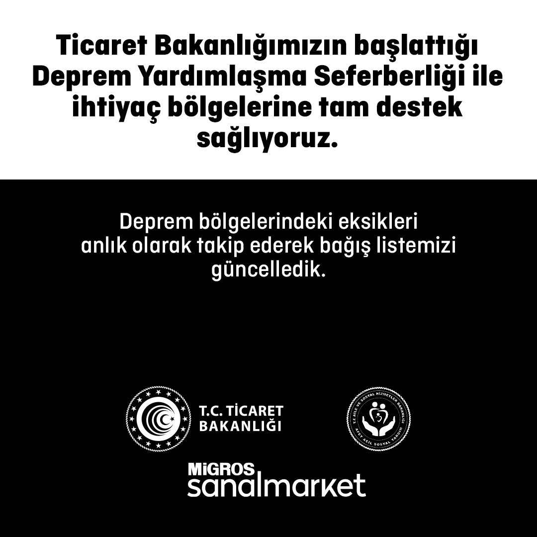 Migros_Turkiye's tweet photo. Ticaret Bakanlığımızın başlattığı Deprem Yardımlaşma Seferberliği ile ihtiyaç bölgelerine tam destek sağlıyoruz. https://t.co/rSgv070pXm