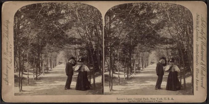 An archival image of a couple on Central Park's Lovers' Lane in the 1800s.