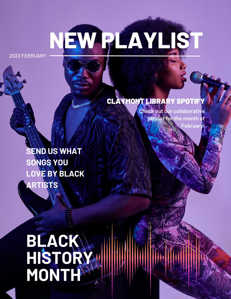 LibraryClaymont's tweet image. Join our library patrons and staff in our monthly Spotify playlist and share music! February's theme is Black History Month! Submit any songs important to Black history or by Black artists you enjoy below:

docs.google.com/forms/d/e/1FAI…

open.spotify.com/playlist/7gW84…

#CollaborativePlaylist