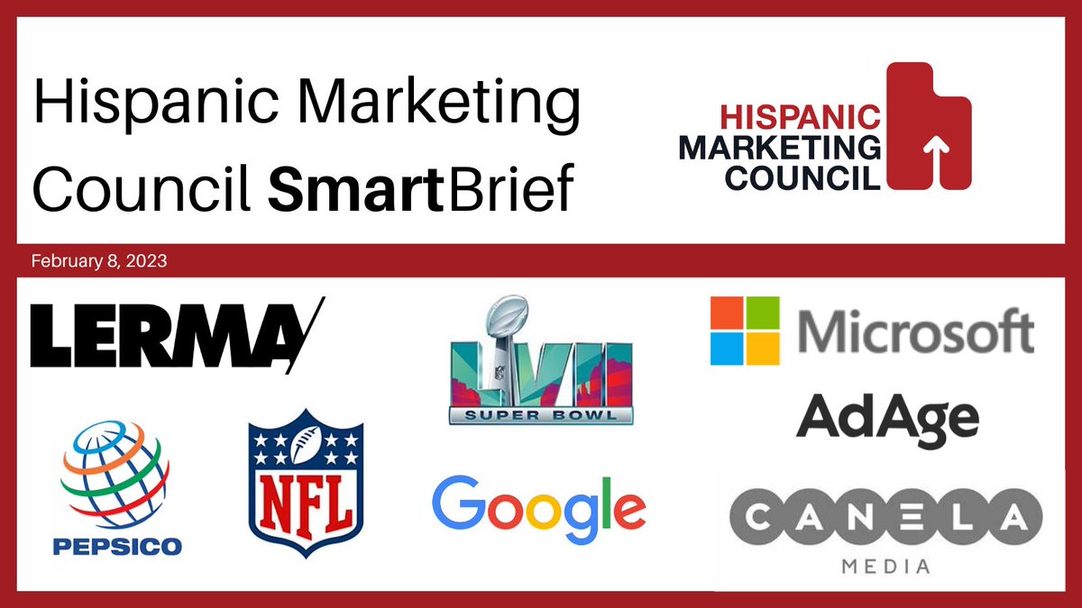 hmchispanic's tweet photo. This week's #SmartBrief is all about the @SuperBowl! Hear from @LERMA_AGENCY on their three-peat commercial success, @PepsiCo's Juntos Crecemos campaign, @Microsoft &amp; @Google's AI advances, @NFL's prep efforts in @adage, plus news from @canela_media https://t.co/GwLufcruTj https://t.co/pfWC9Ds89d