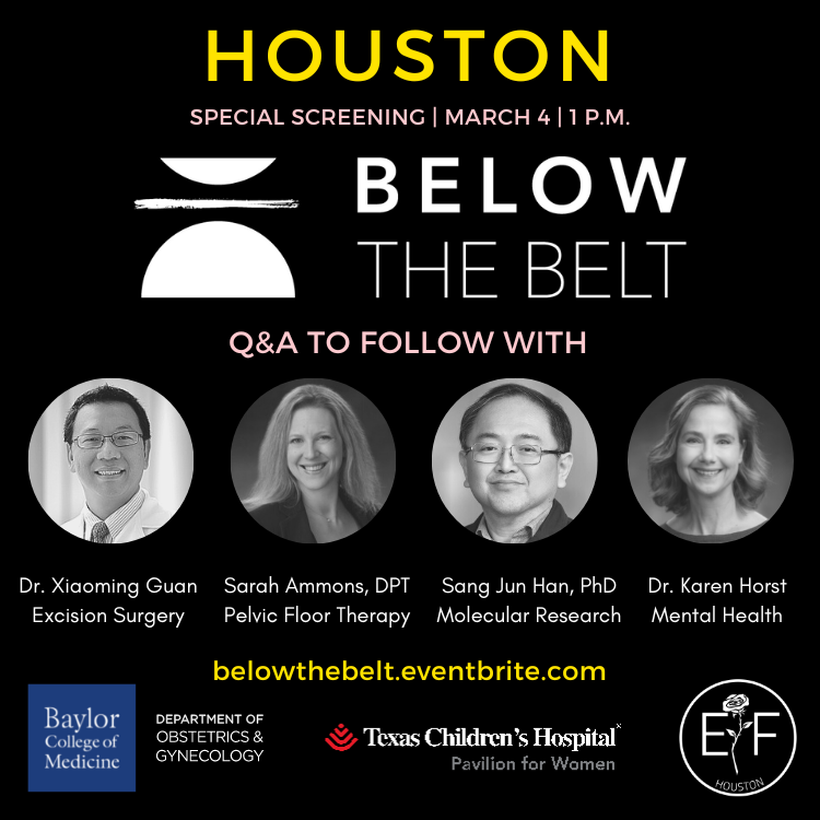 ef_hou's tweet photo. Join us on March 4th at 1 pm for a screening of Below the Belt in partnership with Baylor College of Medicine. Q&A to follow. https://t.co/RRJQWxSKlK
#endometriosis #endo #endoeducation #endoawareness #excision #goldstandard #expertcare #belowthebelt #endowhat #htx #houston https://t.co/9tIoNOIyxb