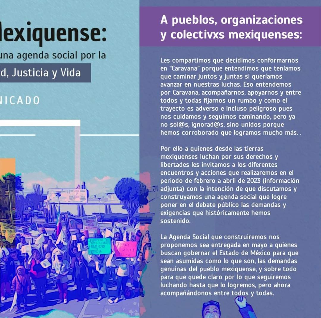 Hazvalermilibe1's tweet photo. 8 de febrero 2023 

A los pueblos, organizaciones y colectivxs mexiquenses
A los medios de comunicación
A la opinión pública en general: 

#CaravanaMexiquense

Por la construcción de una Agenda Social por la #Libertad #Justicia #Dignidad y #Vida 

@lopezobrador_  @alfredodelmazo https://t.co/x3WGxgnQBv