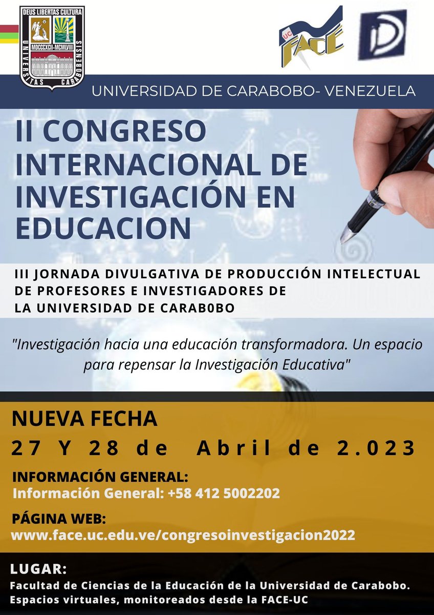 El Jueves 27 y Viernes 28 de abril de 2023 será la nueva fecha del 

II Congreso Internacional de Investigación en Educación y la 

III Jornada Divulgativa de Producción Intelectual de Profesores e Investigadores de la <a href="/UCarabobo/">Universidad de Carabobo</a> 

Información:
face.uc.edu.ve/congresoinvest…

<a href="/TiempoUC/">Tiempo Universitario</a>
