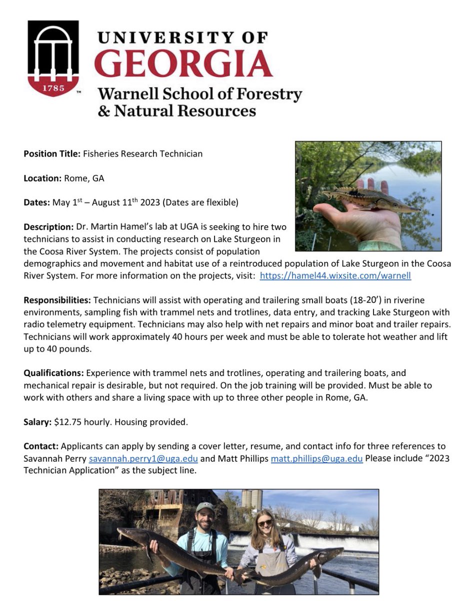 Still have time to apply for our summer technician position. Gain valuable experience netting and tracking fish in a complex river system.