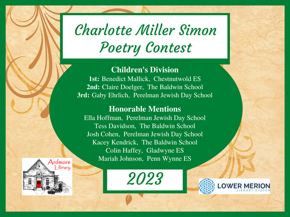 ArdmoreLibrary's tweet image. Congratulations to all of our #PoetryContest winners! We look forward to reading more of your poems next year!