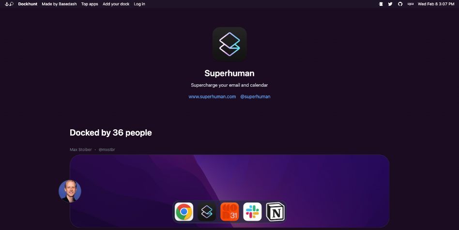 SuperhumanMail's tweet photo. Raise a hand if Superhuman is in your dock 🙋‍♀️

Or better yet, show us what else is in your dock with @dockhuntapp. Kudos to the @Basedash team for building such a delightful product 💜

https://t.co/8rXoo6U6Yt https://t.co/hywGZPj1KE
