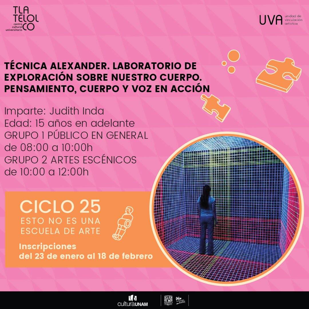 JudithInda's tweet photo. ✨✨A partir del 20 de febrero estaré impartiendo el taller “Técnica Alexander” en la @uva_ccut ✨✨
Laboratorio de exploración sobre nuestro cuerpo, voz, mente, emoción y pensamiento. Inscripciones abiertas en https://t.co/8lArQ8iEQJ 
#TalleresUVA #ciclo25 https://t.co/1bVR3iLOqL