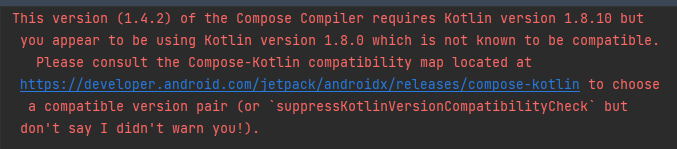 zsmb13's tweet photo. We finally shipped this small improvement that I've been lobbying for: the Compose / Kotlin compatibility error message now includes the link to the compatibility map in the Android docs! https://t.co/3BAjym2p2U