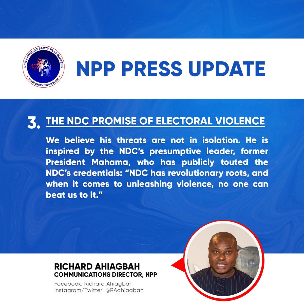 Press Conference By The New Patriotic Party By The National Communications Director, Richard Ahiagbah

#PressUpdatebyNPP
#PressUpdate #Truth #GoodGovernance
#PauseAndSaySomething