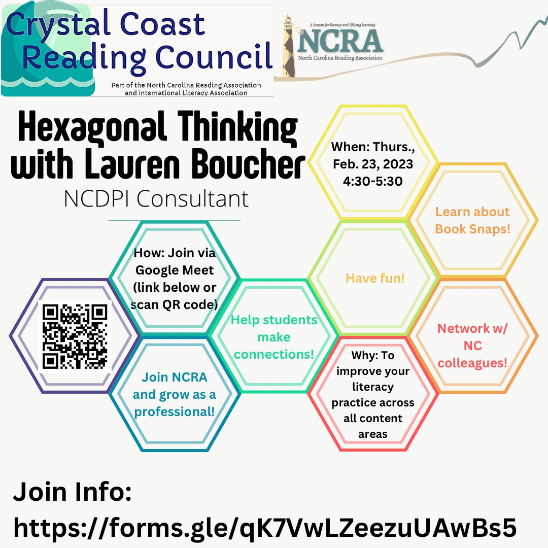 We have an awesome session on 2/23/23, 4:30-5:30 pm, about Hexagonal Thinking &amp; Using Book Snaps to enhance literacy instruction across all content areas. Lauren Boucher is our guest speaker, &amp; it’s virtual! Fill out the form to get the join info. We hope to see you there!