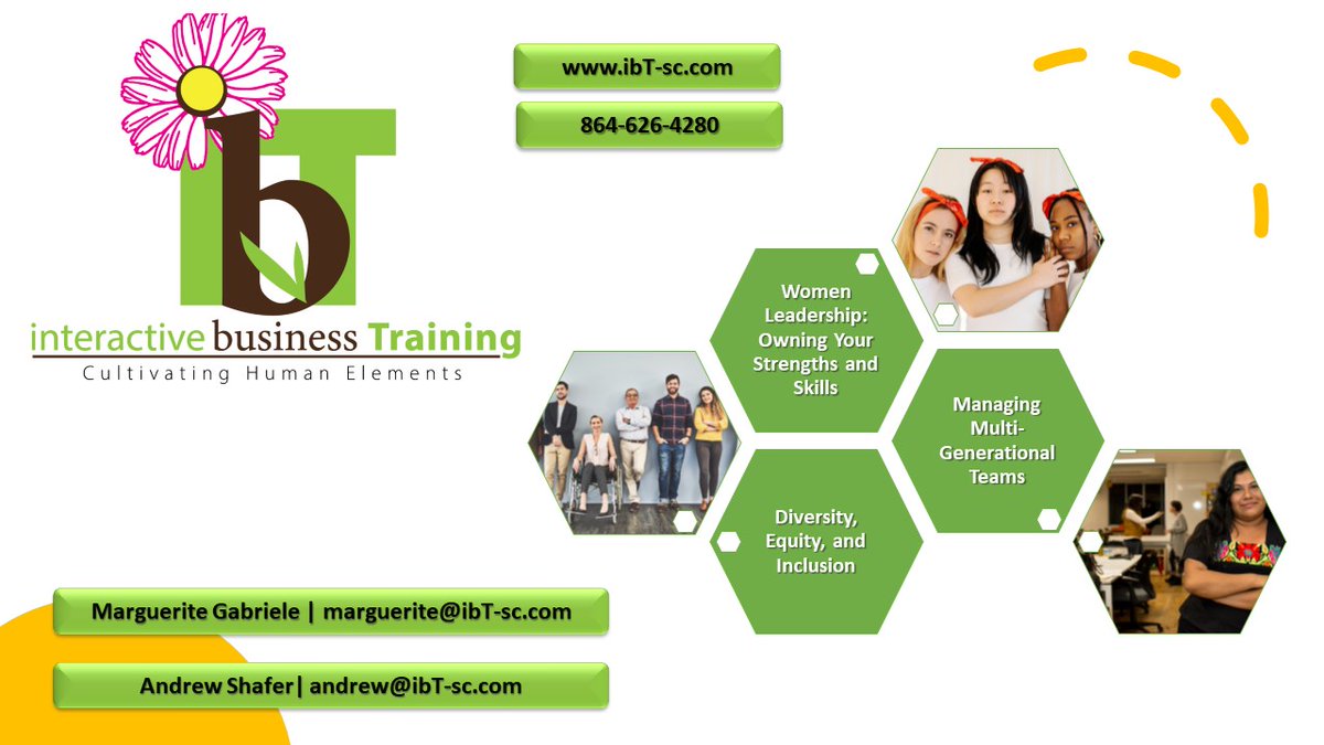 Women Leadership - Owning Your Strengths and Skills - Friday, March 24
ibt-sc.com/women-leadersh… 
Diversity, Equity, and Inclusion | Wednesday, April 26
ibt-sc.com/busine.../dive…
Managing Multi-Generational Teams | Monday, April 17
ibt-sc.com/bus.../managin…
ibt-sc.com