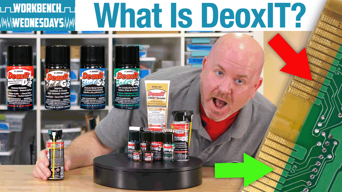 E14Community's tweet photo. #DeoxIT from @CaigLabs breaks up oxidation in electronics, flushes it away, and protects surfaces it cleans. On #WorkbenchWednesdays, @baldengineer discusses varieties of DeoxIT and how to apply them correctly! https://t.co/lNBgevdKGM https://t.co/iKFktUnNH8