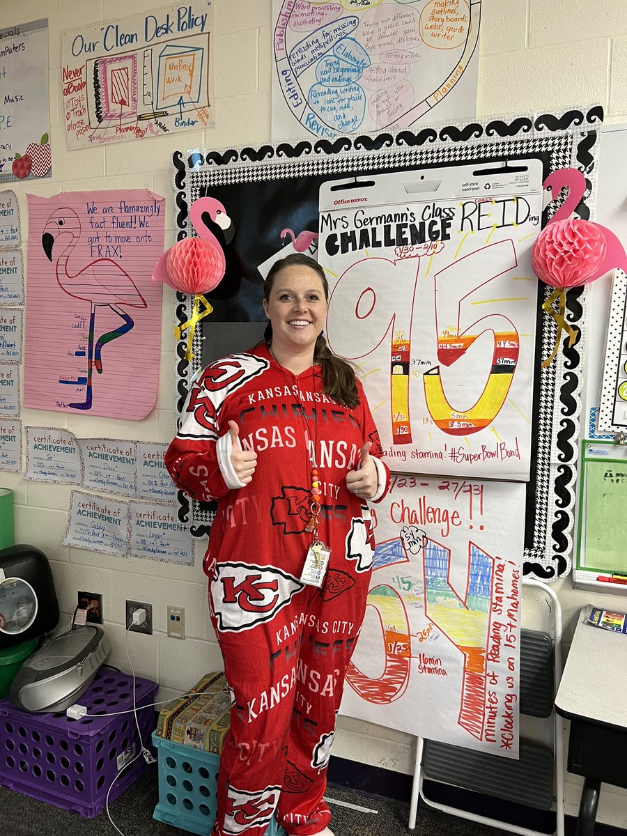 MissDujakovich's tweet photo. Recess update on our Coach “Reid”ing challenge! We’re so close to meeting our 95 min of stamina for @StoneColdJones! We earned 32 minutes today! 

We voted on keeping our @leochenal poster for good luck!

@Nathan_Muckey here’s my school’s “Rollin’ in with our Mahomies,” PJ day! https://t.co/XSoGzp08Xy