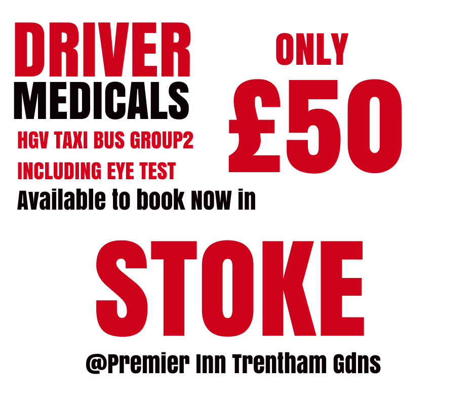 We are now in stoke! Book your #DriverMedical for only £50 including eyetest at yourdrivermedical.co.uk Appointments available this weekend.
#stokeontrent #stoke #dvla #HGV #drivers #taxi