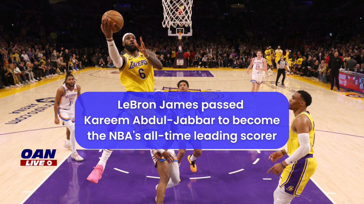 OANN's tweet photo. Lebron performed a turnaround jumper fading his way into history, bringing his career total to 38,388 points.
Stream 24/7 news and exclusives on OAN Live
📸: Harry How/Getty Images
#OAN #LeBronJames #NBA #AllTimeScoringLeader #Lakers https://t.co/IgwiRsOpBB