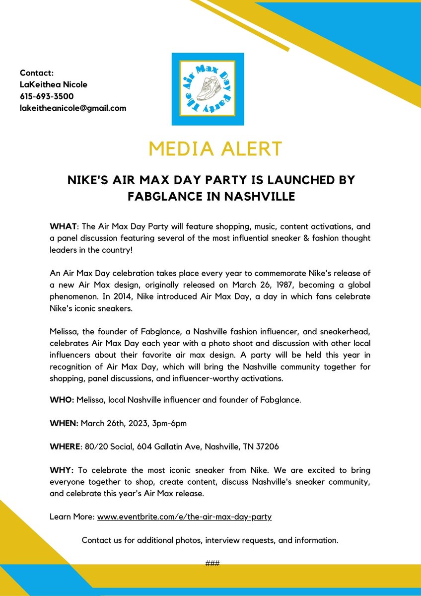 LakeitheaNicole's tweet photo. MEDIA ALERT: The Air Max Day Party Nashville!!! March 26, 2023 @fabglance is bringing the city out to celebrate Nike's icon sneaker!! #media #mediaalert #nike #fashion https://t.co/XmFmhj7GY6