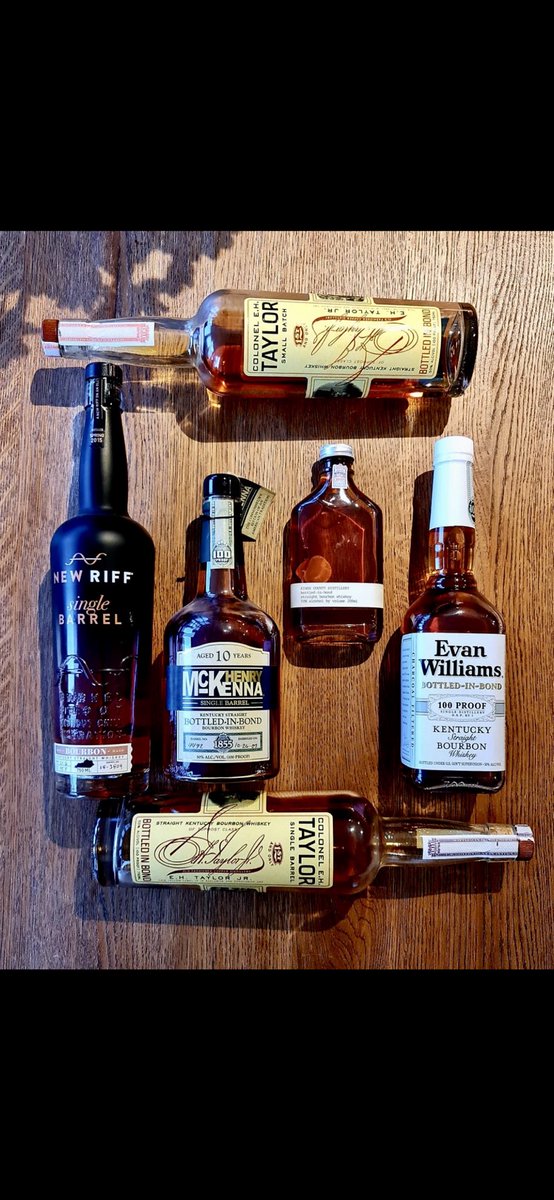 BourbonGents's tweet photo. There’s no room to spin the bottles so we’re just going to have to pour from them #bourbon #whiskey #colonelehtaylor #newriff #henrymckenna #kingscounty #evanwilliams #singlebarrel #smallbatch #bottledinbond #wednesdaywobble #bourbongents https://t.co/h8gRADIyap