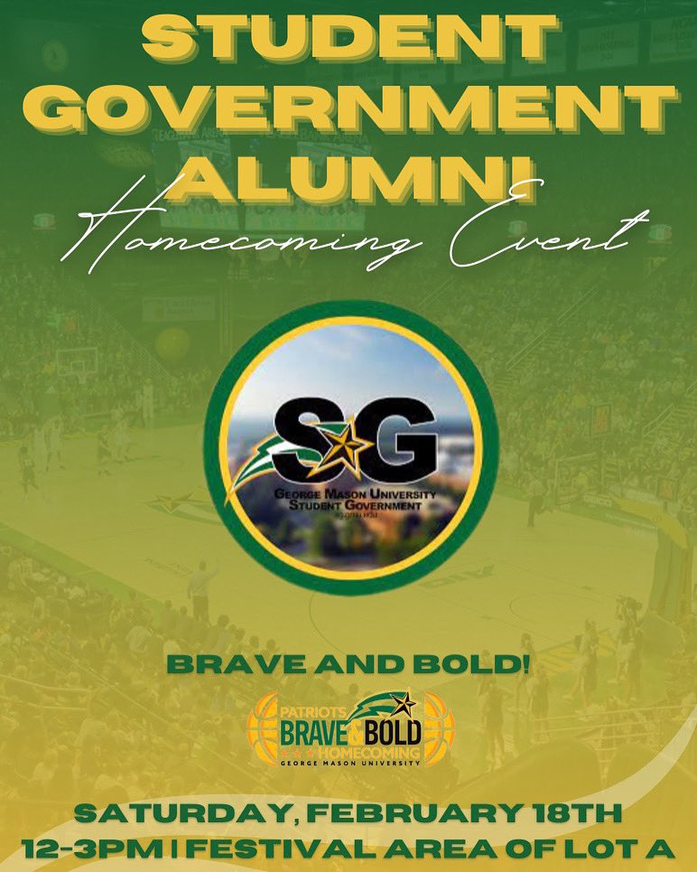 Are you a Student Government alumni?! 💚💛

Come to our Student Government table during Homecoming, February 18th from 12-3pm (Festival Area of Lot A) for free Root Beer floats + icecream! 

We hope to see you there and can’t wait to meet you (or see you again😉) !💚💛