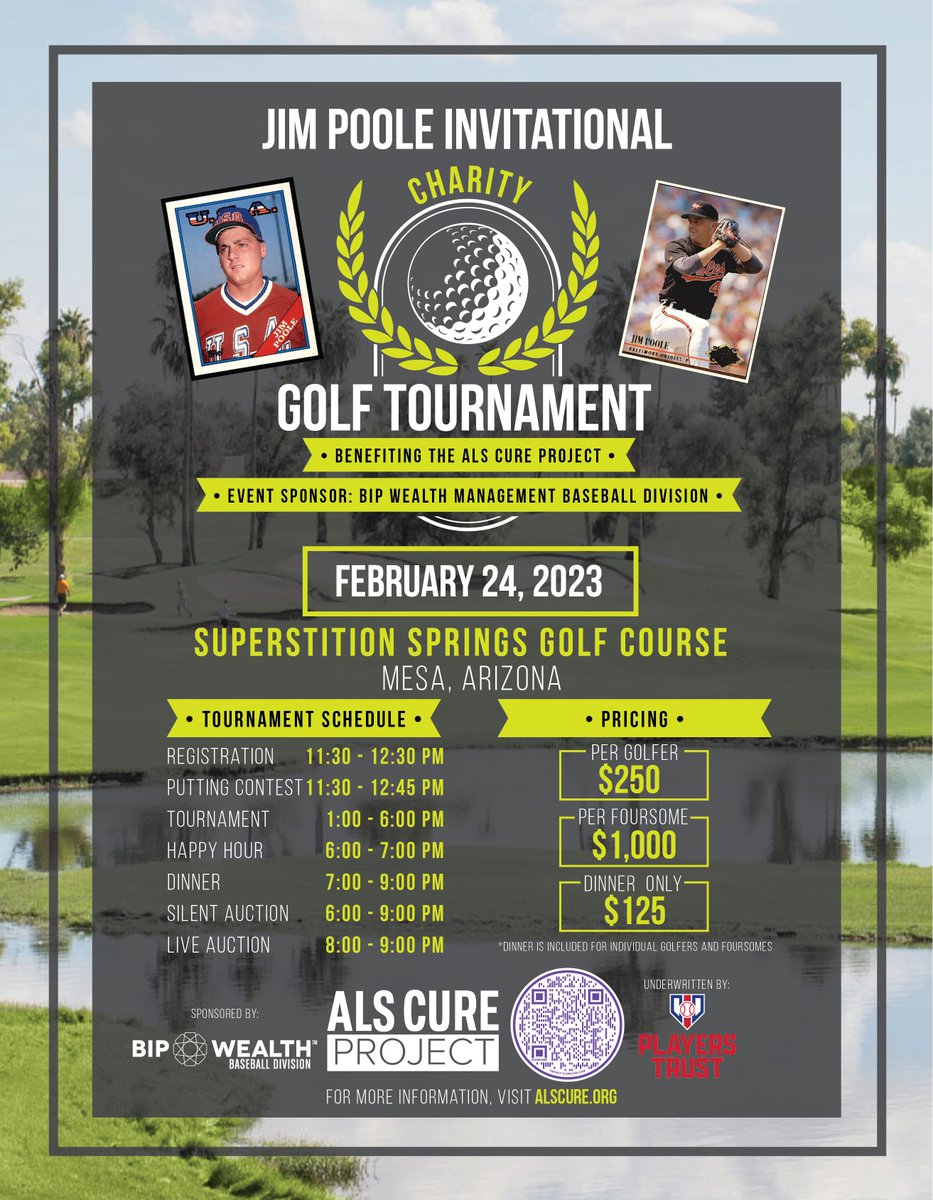 The MLB Players Trust &amp; MLBPA is proud to help in the success of the Jim Poole Invitational Golf Tournament for <a href="/alscureproject/">ALS CURE Project</a>!
 
The event is February 24th at the Superstition Springs Golf Club in Mesa, Arizona.
 
To register, visit: alscure.org