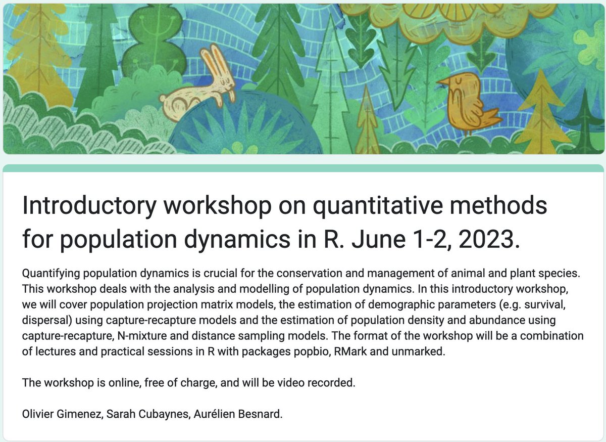 📢👋 Together with @SarahCubaynes & @abesnardEPHE we will give a 2-day introductory workshop June 1-2 on quantitative methods for population dynamics in R #rstats Join us 🥳 It's online and free of charge 😉 You just need to register via forms.gle/FJmhhi9aSDpKWY… Please RT 😇