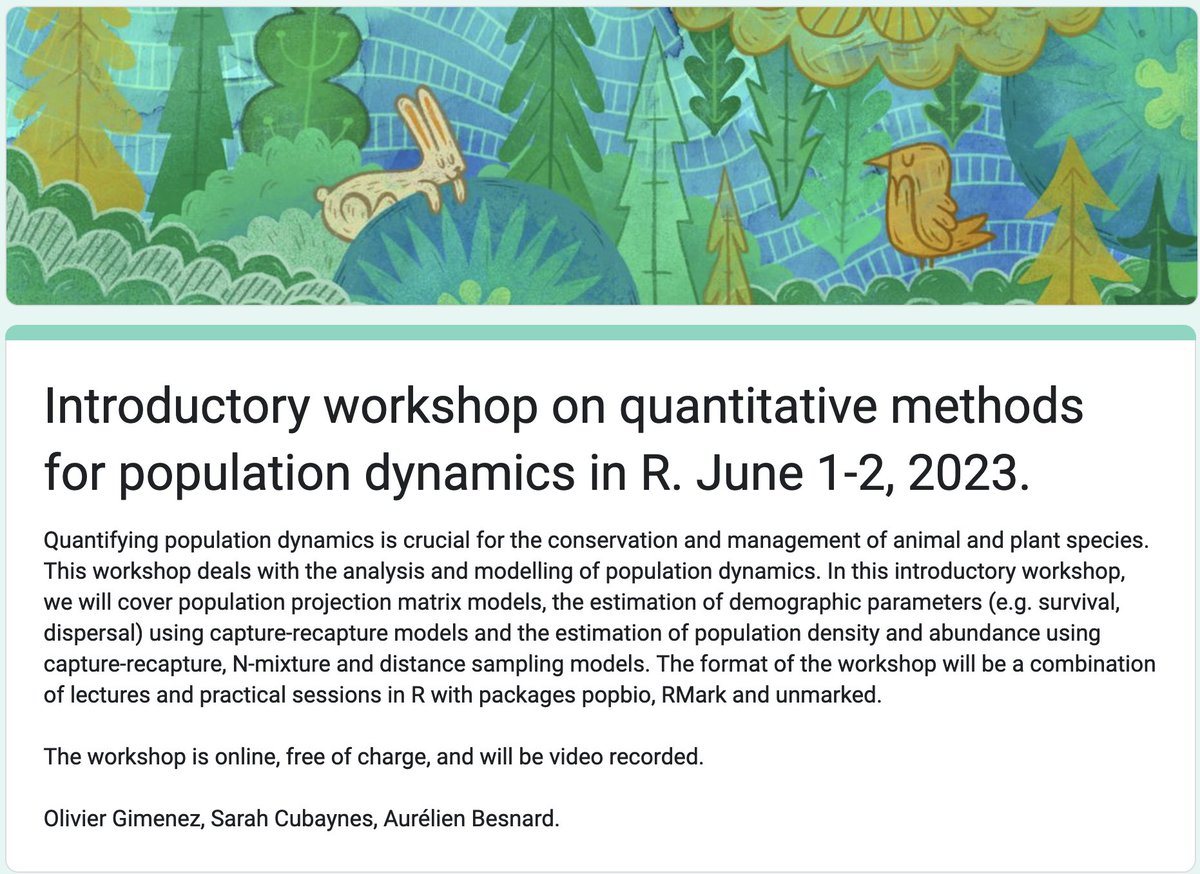 Olivier Gimenez 🖖🦦 (@oaggimenez) on Twitter photo 📢👋 Together with <a href="/SarahCubaynes/">sarah cubaynes</a> & <a href="/abesnardEPHE/">aurelienbesnard</a> we will give a 2-day introductory workshop June 1-2 on quantitative methods for population dynamics in R #rstats
Join us 🥳 It's online and free of charge 😉 You just need to register via forms.gle/FJmhhi9aSDpKWY…
Please RT 😇 📢👋 Together with <a href="/SarahCubaynes/">sarah cubaynes</a> & <a href="/abesnardEPHE/">aurelienbesnard</a> we will give a 2-day introductory workshop June 1-2 on quantitative methods for population dynamics in R #rstats
Join us 🥳 It's online and free of charge 😉 You just need to register via forms.gle/FJmhhi9aSDpKWY…
Please RT 😇