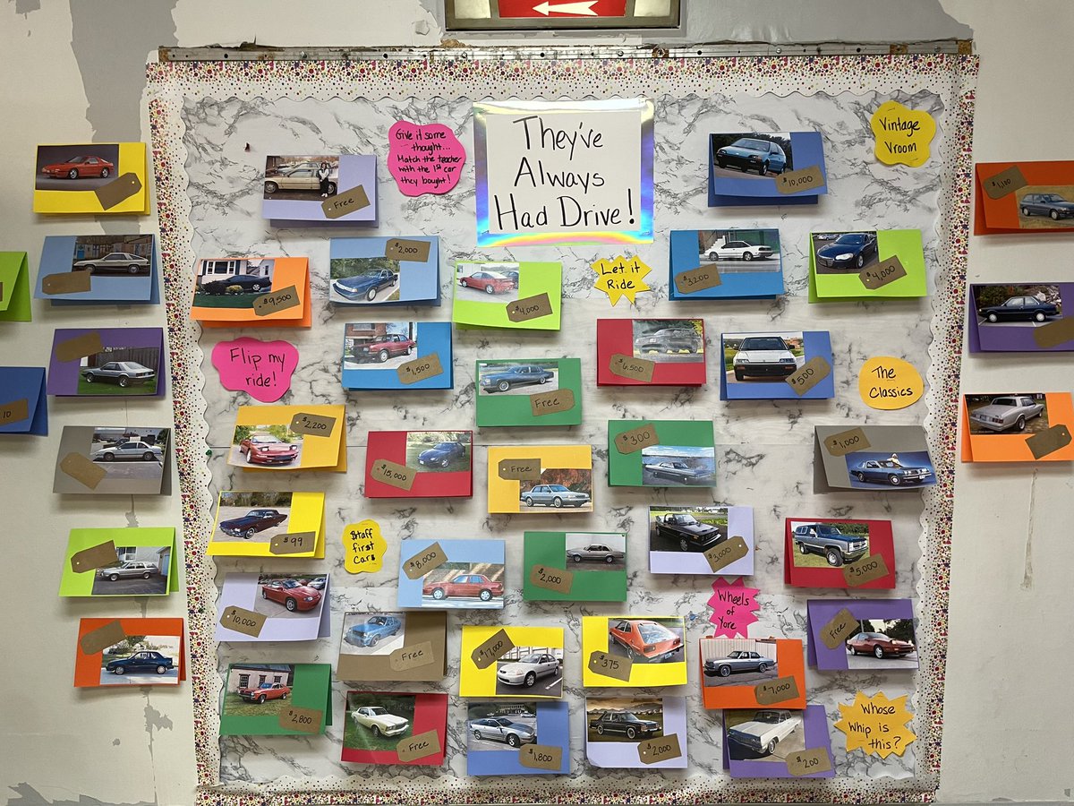 VGashlin's tweet image. They’ve always had drive!  It’s time to “flip my ride” and see if you can guess which 1st car belongs to which staff member!  A lot of great classic cars hanging up by the cafeteria at CMS!  #onebravesfamily  #cms #canandaiguacsd
