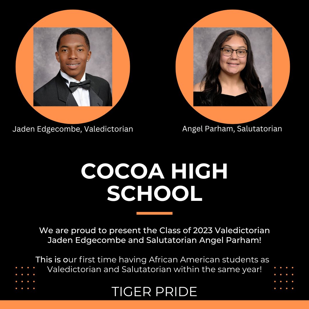 CocoaHighSchool's tweet photo. This is quite the accomplishment! They are both also student athletes and State Champions. https://t.co/xHMYolY4ed