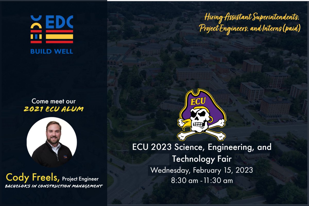 Pirates, EDC will be back on campus! Come chat with Cody Freels at the 2023 Spring @EastCarolina  College of Engineering and Technology
fair. We'd love to talk to you. #paidinternships #projectengineers #assistantsuperintendents #constructioncareers #EDC #BuildWell
