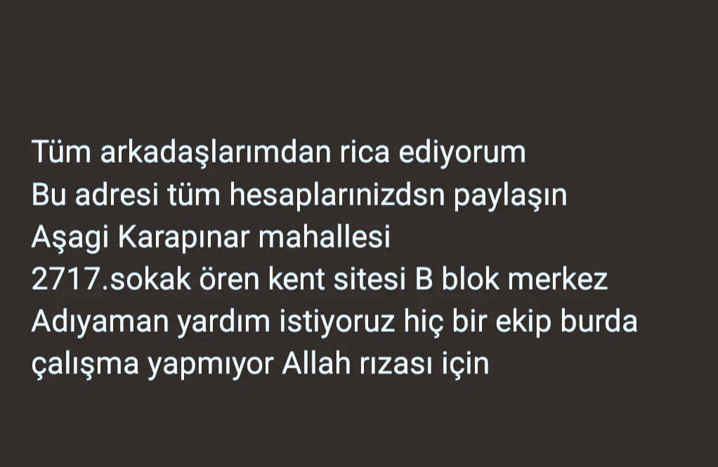 Arkadaşımın kardeşinin enkaz altinda kaldığı yer direk iletiyorum lütfen sesini duyuralım 🤲🤲
#ADIYAMAN #AdiyamanYardimBekliyor 
#afadadiyaman 
#AfadAdıyaman 
<a href="/haluklevent/">Haluk Levent ( Ahbap Ekibi )</a>