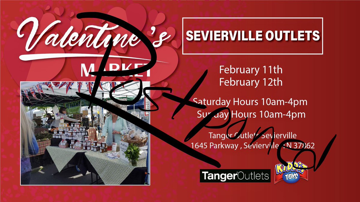 JeepsyD's tweet photo. We just received the notification below from the organizers of the Valentines Event this weekend: After a conference call with Tanger Outlets Management earlier this afternoon, we have decided that it's in everyone's best interest that we reschedule this weekend's market. https://t.co/jc8OWXmdvQ