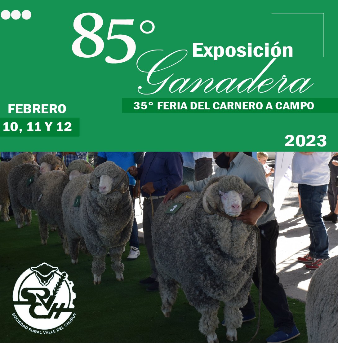 srvch's tweet photo. ¡Se viene la 85° #ExposiciónGanadera y 35° Feria del Carnero a Campo en la #SociedadRural Valle del Chubut! 🐑
📍 El 10, 11 y 12 de febrero del 2022 en #Trelew, #Chubut.
¡Anda preparándote y estate atento a todas las novedades! Te esperamos 🙌🏼 https://t.co/GXIyG51zEi